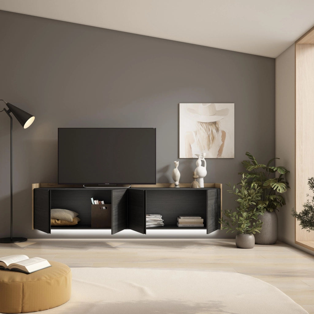 Mobile TV Soggiorno, 207x50x35 cm, Per TV fino a 80", Sospeso, da appendere, LED, Nero e rovere