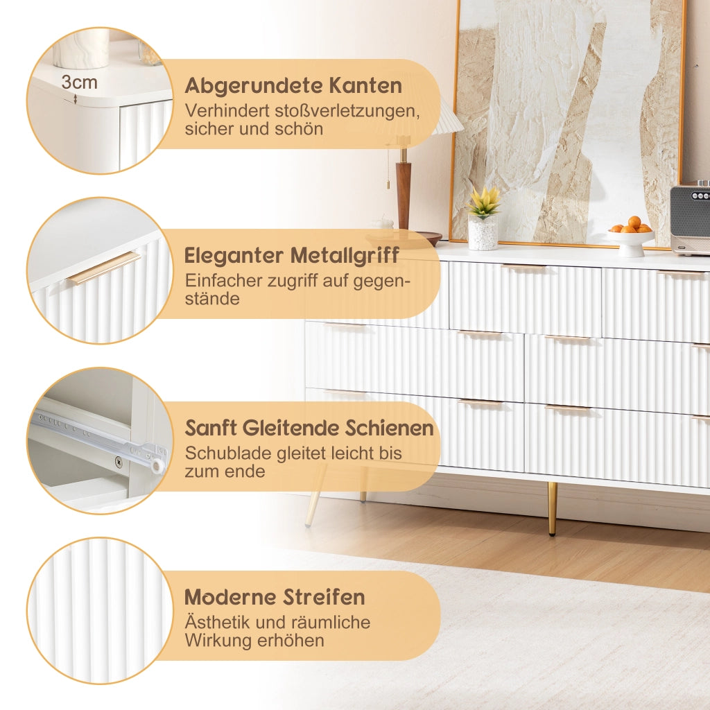 Settimanale con 7 cassetti e chiusura ammortizzata, maniglie in metallo, per ingresso, in MDF bianco, 145 × 40 × 80 cm