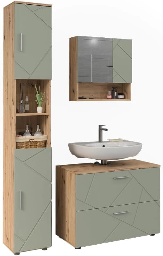 Set di mobili da bagno Irma, Verde salvia, 80 cm, composto da mobile sottolavabo, specchiera e colonna alta