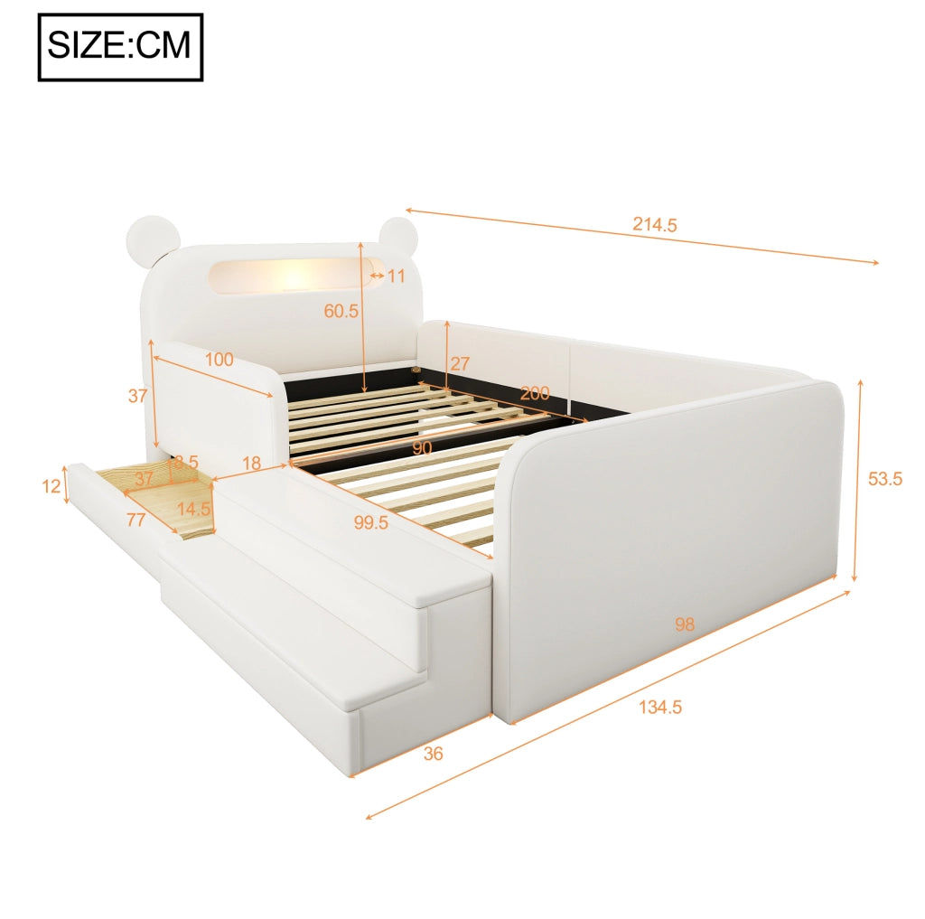 Letto imbottito per bambini 90x200 cm con testiera a orso; luce notturna; USB e contenitore; bianco