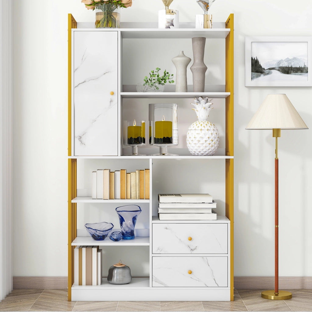 Libreria con ripiani aperti; cassetti e armadietti 100 x 30 x 173;5 cm; bianca e oro