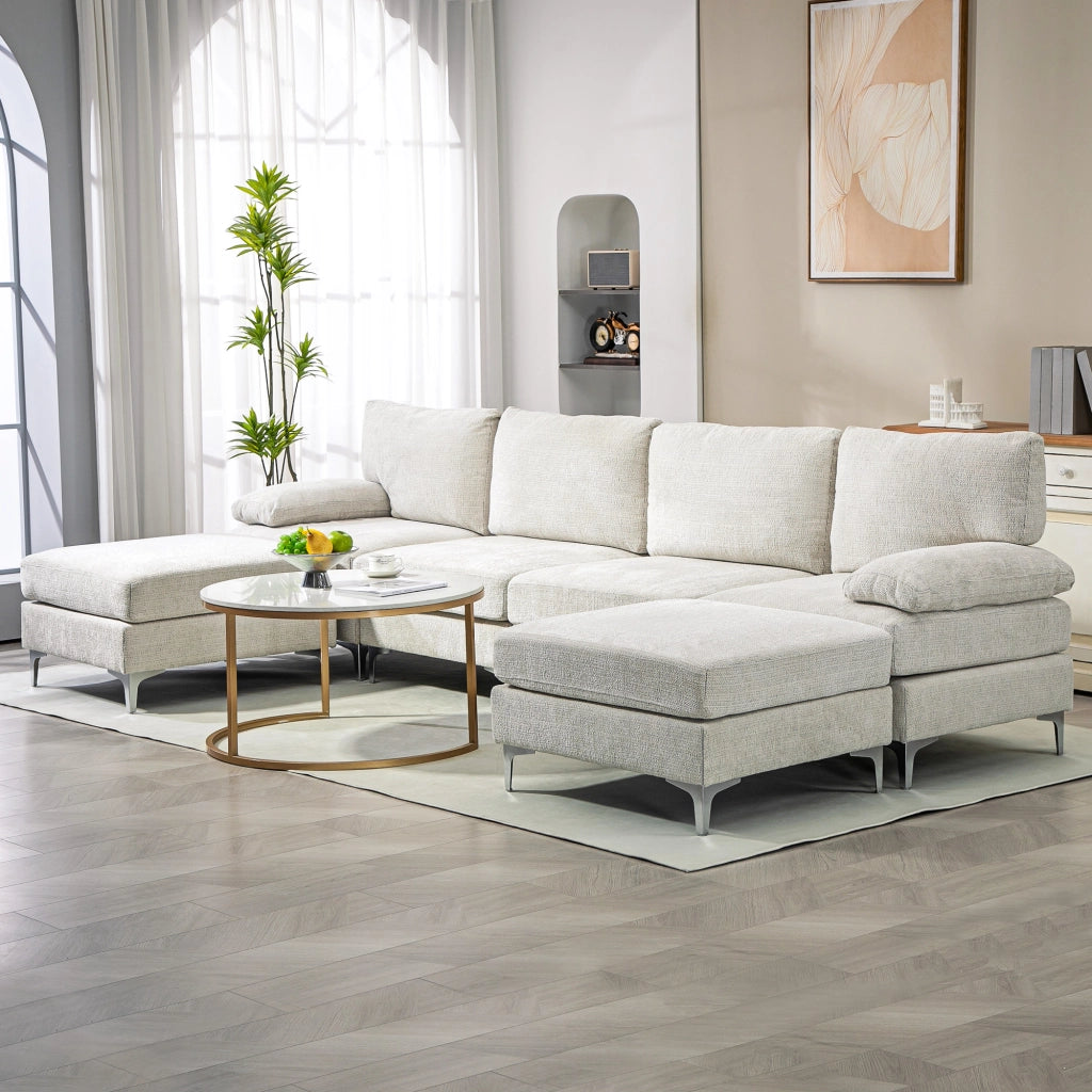 Divano Componibile 4 Pezzi con Poggiapiedi e Cuscini, in Tessuto effetto Ciniglia, 313x149x88 cm, Bianco Crema