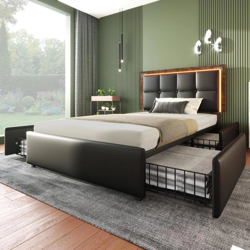 Letto singolo con cassetti e LED - Xylo - 90x200 cm - Nero - Luci integrate