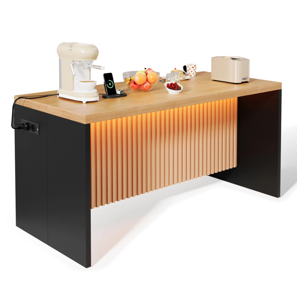 Isola da cucina 155x80x90 cm in MDF effetto legno, design industriale con LED, prese EU e USB, piano 40 mm