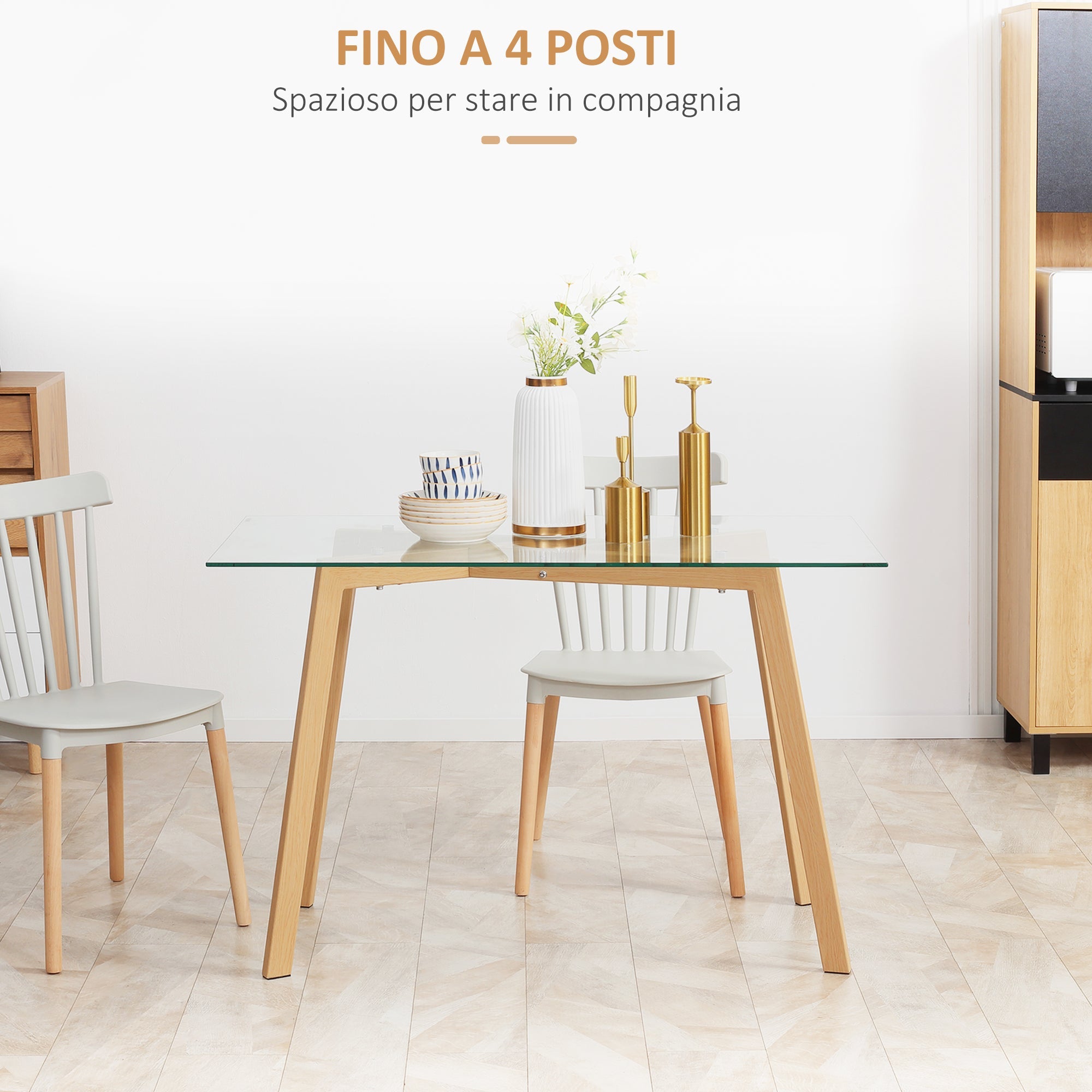 Tavolo Rettangolare 120x60x76 cm Max 4 Persone in Acciaio con Piano in Vetro Temperato