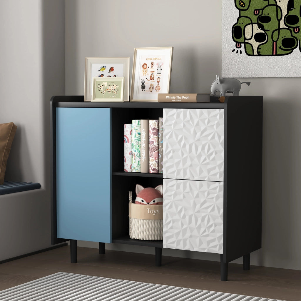 OKWISH Credenza da Cucina con 2 Cassetti, 2 Vani Aperti e 1 Armadietto, in MDF, Nero e Blu, 90 x 40 x 80 cm