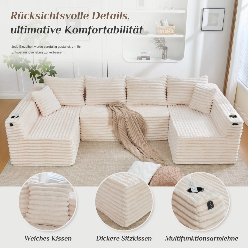 Divano modulare a U con portabicchieri, tasca laterale e cuscini in tessuto cord beige 320 × 155 × 88 cm