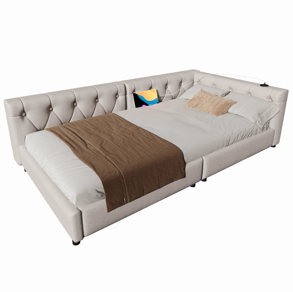 Divano letto con rete a doghe, LED e porte USB-C, Beige