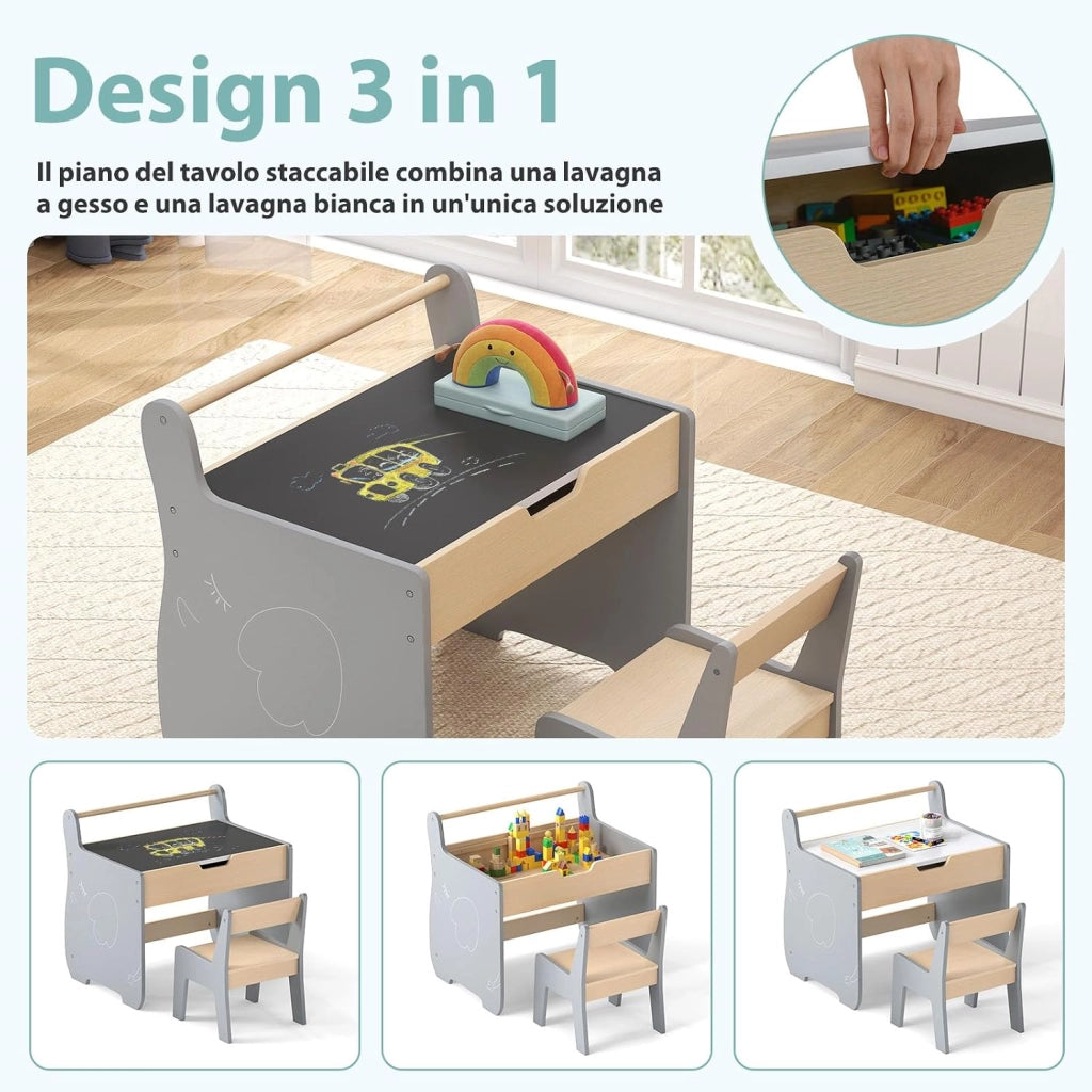 Set Tavolo e Sedia per Bambini 2 in 1, Set con Scrivania e Sedia in Legno per Bambini con Piano Rimovibile, Spazio di Archiviazione e Porta Rotolo di Carta per Aula e Cameretta (Grigio)
