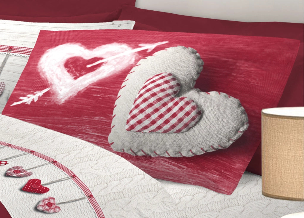 Completo Lenzuola Linea Pensieri Delicati 100% Cotone Disegno Cuore Appeso - Singolo - Rosso