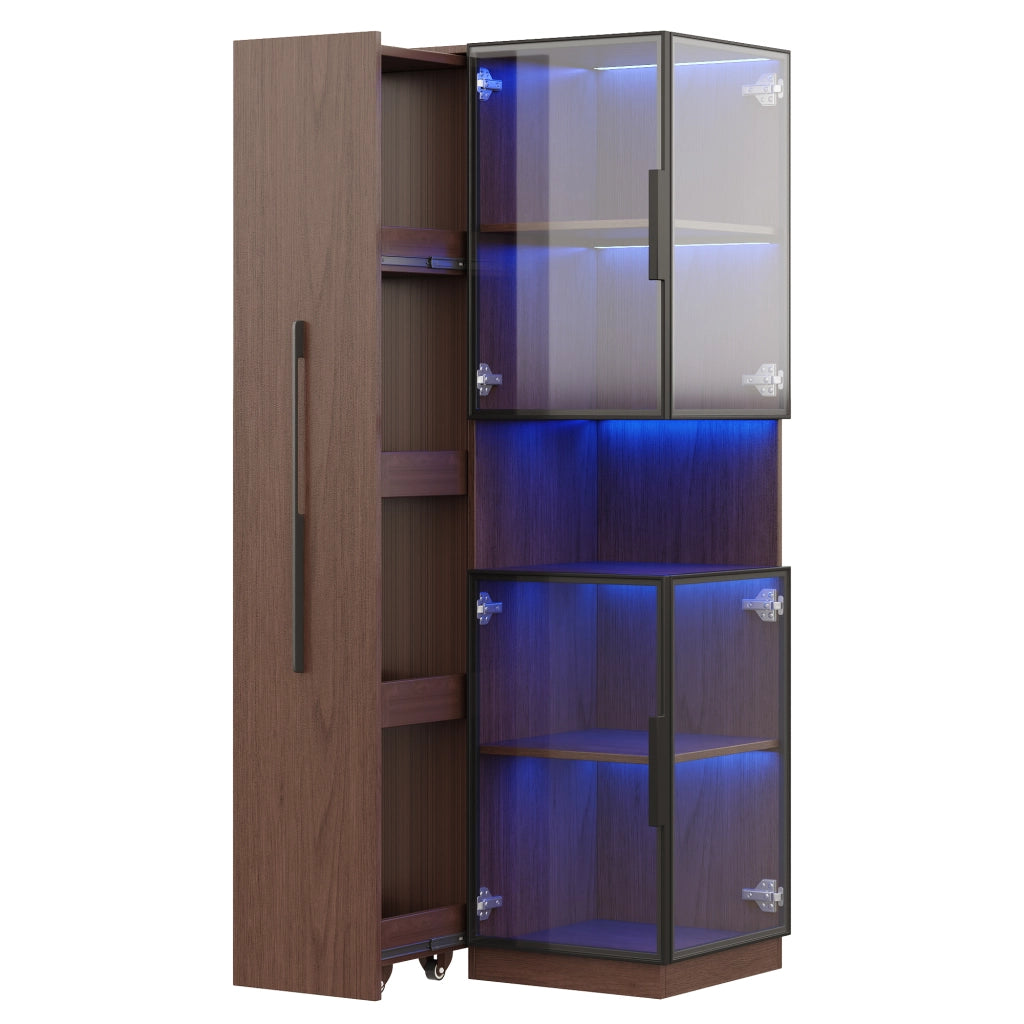 Vetrina alta in MDF e vetro 70×38×160 cm, colore noce, con ripiani estraibili e LED multicolore
