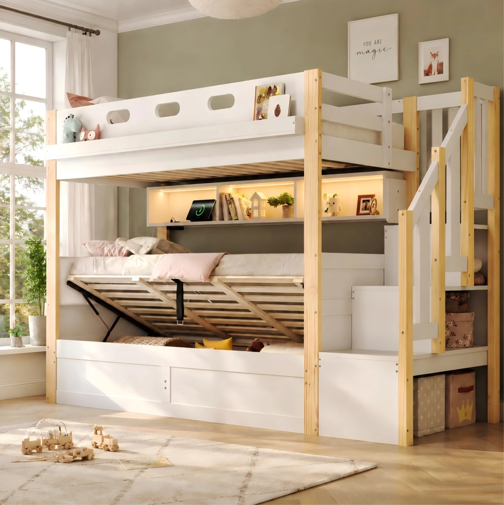 Letto a castello con contenitore idraulico, scala contenitiva e LED