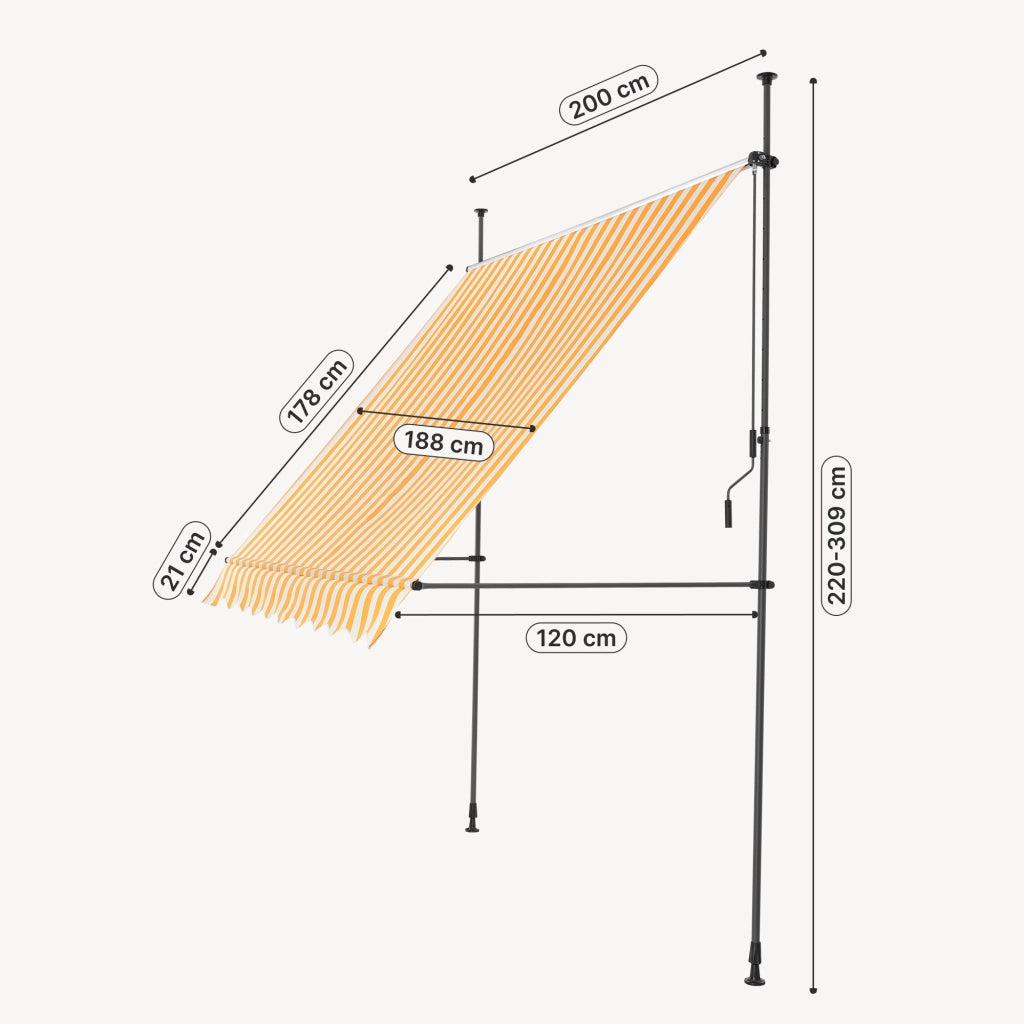 Tenda da Sole a Muro con Pali di Supporto Telescopici Parasole 200 x 120 cm (LxP) Giallo-Bianco pro.tec