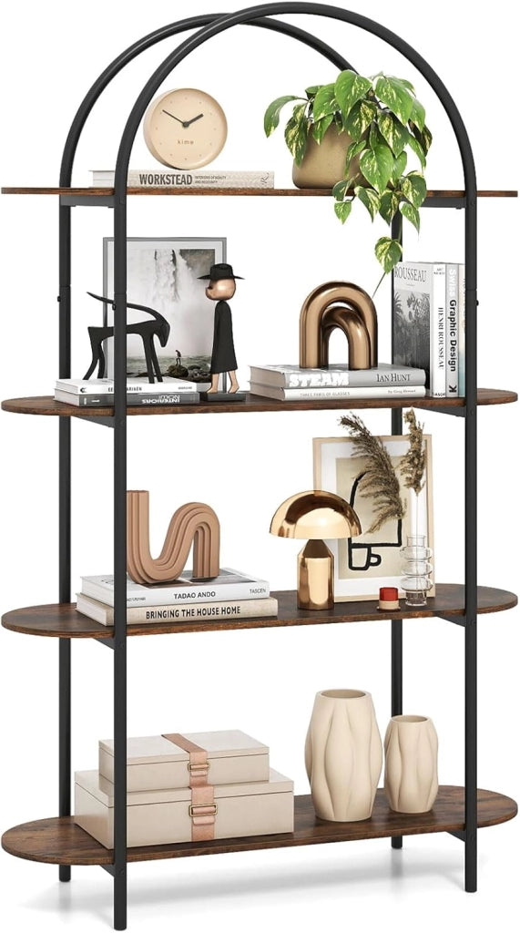 Scaffale a 4 Ripiani con Design ad Arco, Libreria con Ripiani Aperti e Telaio in Metallo, per Camera da Letto, Soggiorno e Ufficio, 95 x 34 x 156 cm (Oro E Bianco)