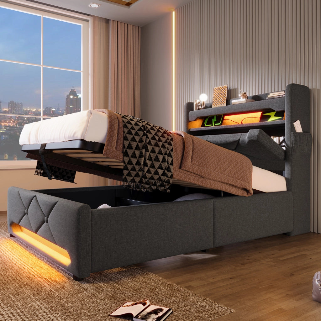 LETTO Singolo 90x200 cm con LED e ricarica, Grigio, Lino