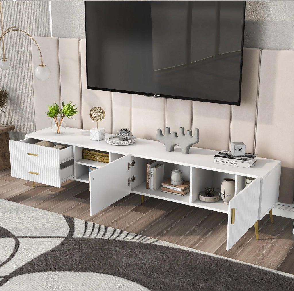 Mobile TV moderno bianco in MDF 180×35×41 cm con 2 cassetti e 2 ante