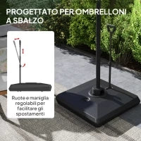 Base per Ombrellone a Sbalzo in HDPE con Maniglia e Ruote e Riempibile con Acqua o Sabbia, 95x95x117 cm, Nero