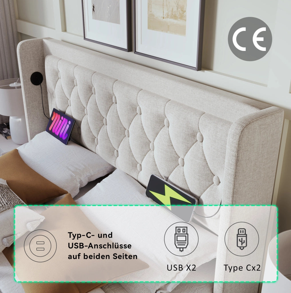 Letto imbottito contenitore beige 160 x 200 cm con LED e ricarica USB Type-C