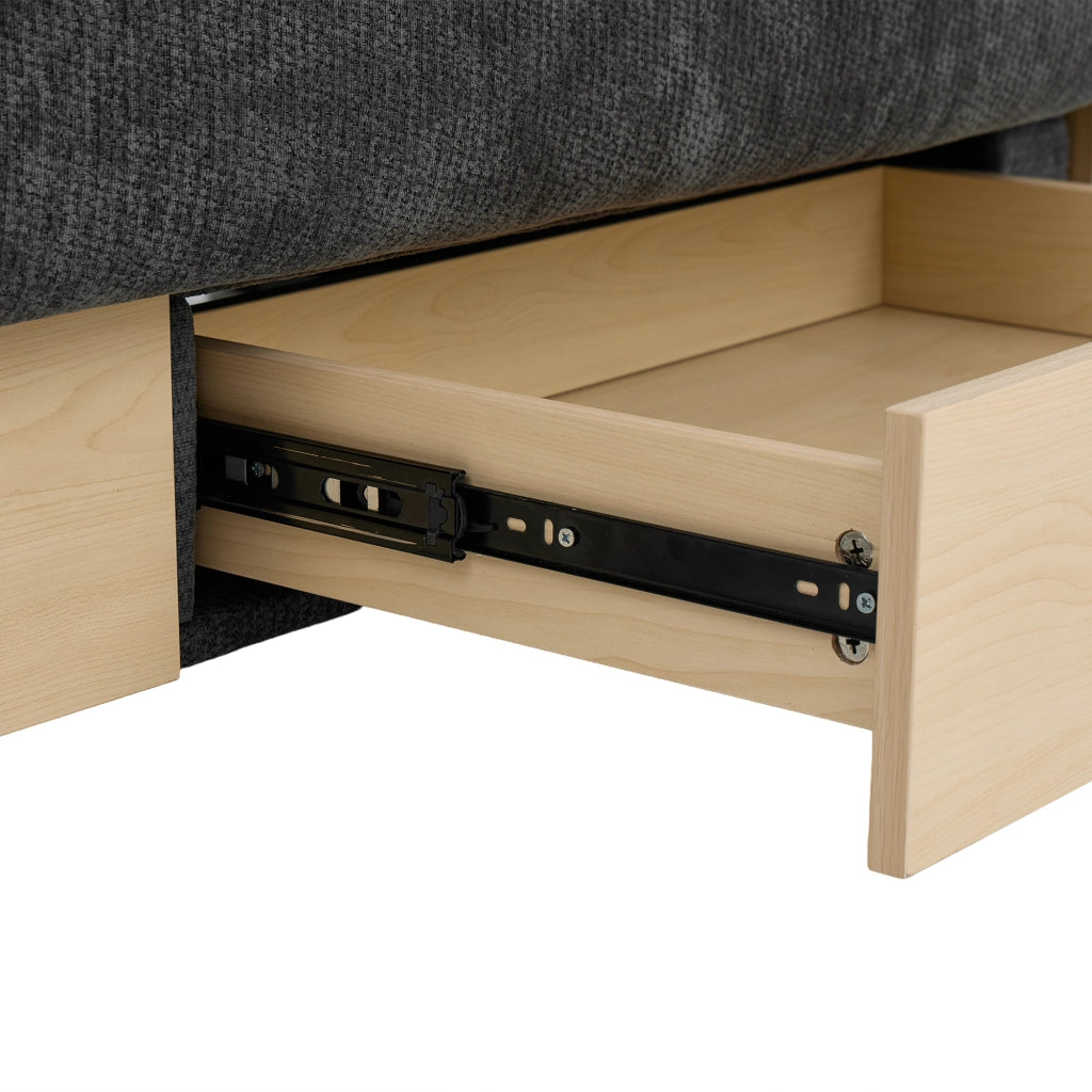 Divano letto 3 posti con contenitore; schienale reclinabile e portabicchieri in ciniglia grigia 217×110×90 cm