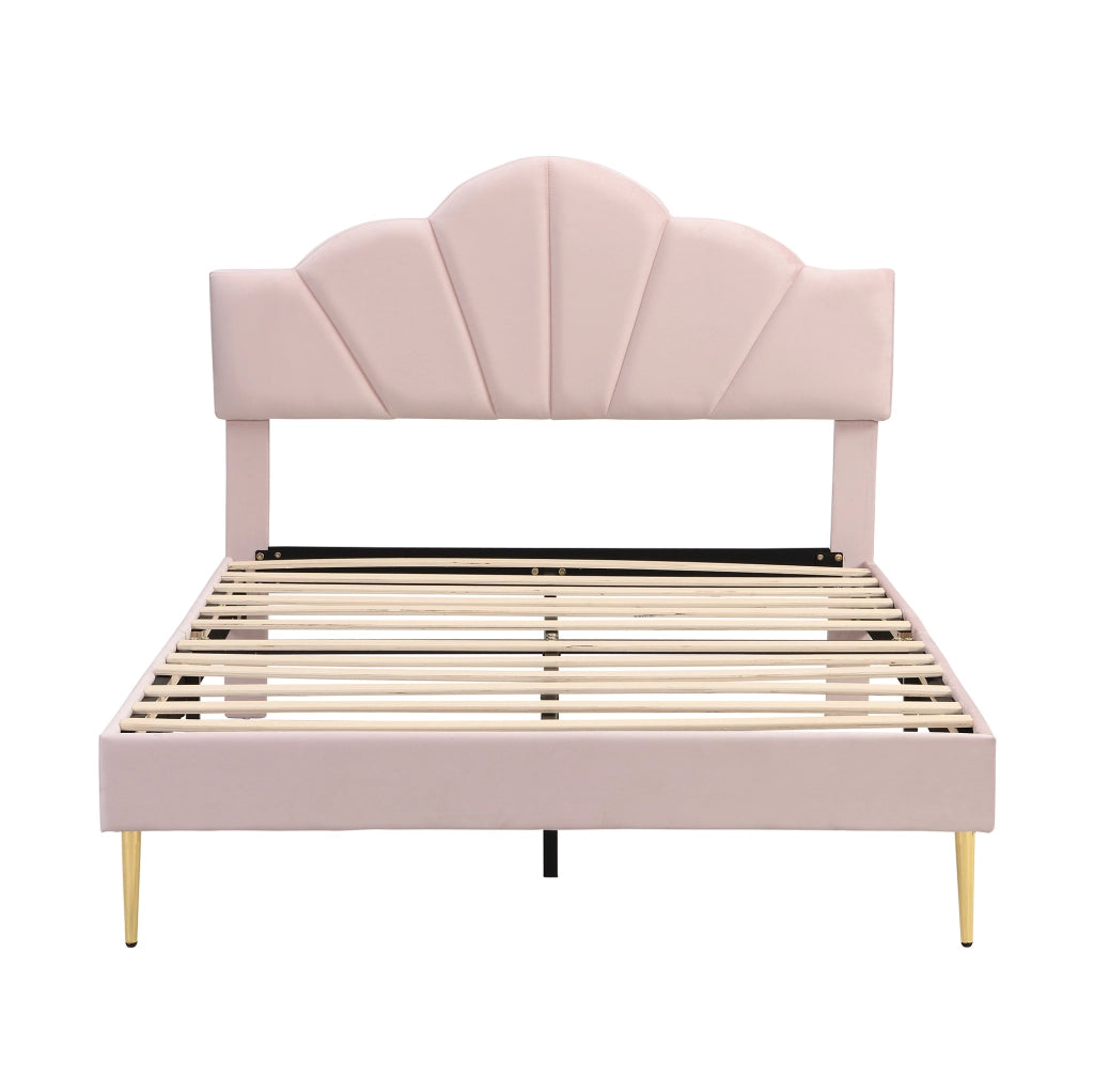 Letto imbottito 140x190 cm; testiera a conchiglia; velluto rosa (Senza materasso)