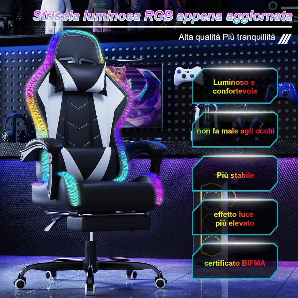 Sedia da Gaming con Massaggiante Schienale Regolabile 90-135°, Sedia Gaming con LED e Poggiapiedi Telescopico,Poltrona Gaming Ergonomica Portata 150 kg (Bianca)
