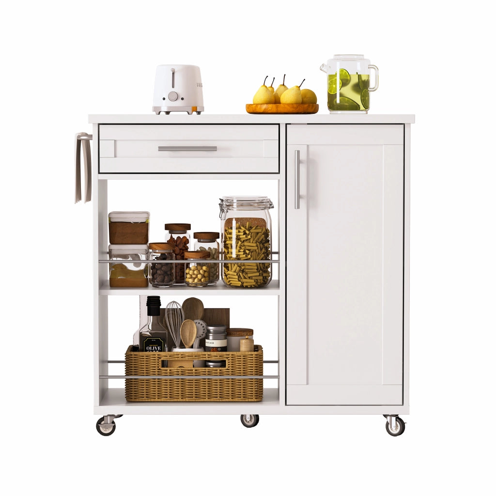 Carrello da cucina bianco con piano effetto marmo, cassetto, armadietto e ripiani aperti, mobile con ruote bloccabili, 90x62x90 cm