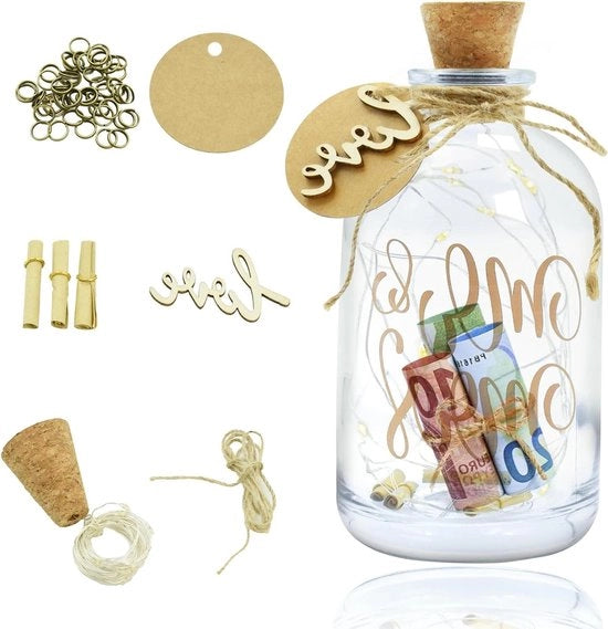 Illuminazione LED decorativa per bottiglia (Signora e Signore) con tappo - Compleanno, cassetto di risparmio, piastra di euro, maialino di risparmio, matrimonio, Natale - Regalo personalizzato (Translucido)