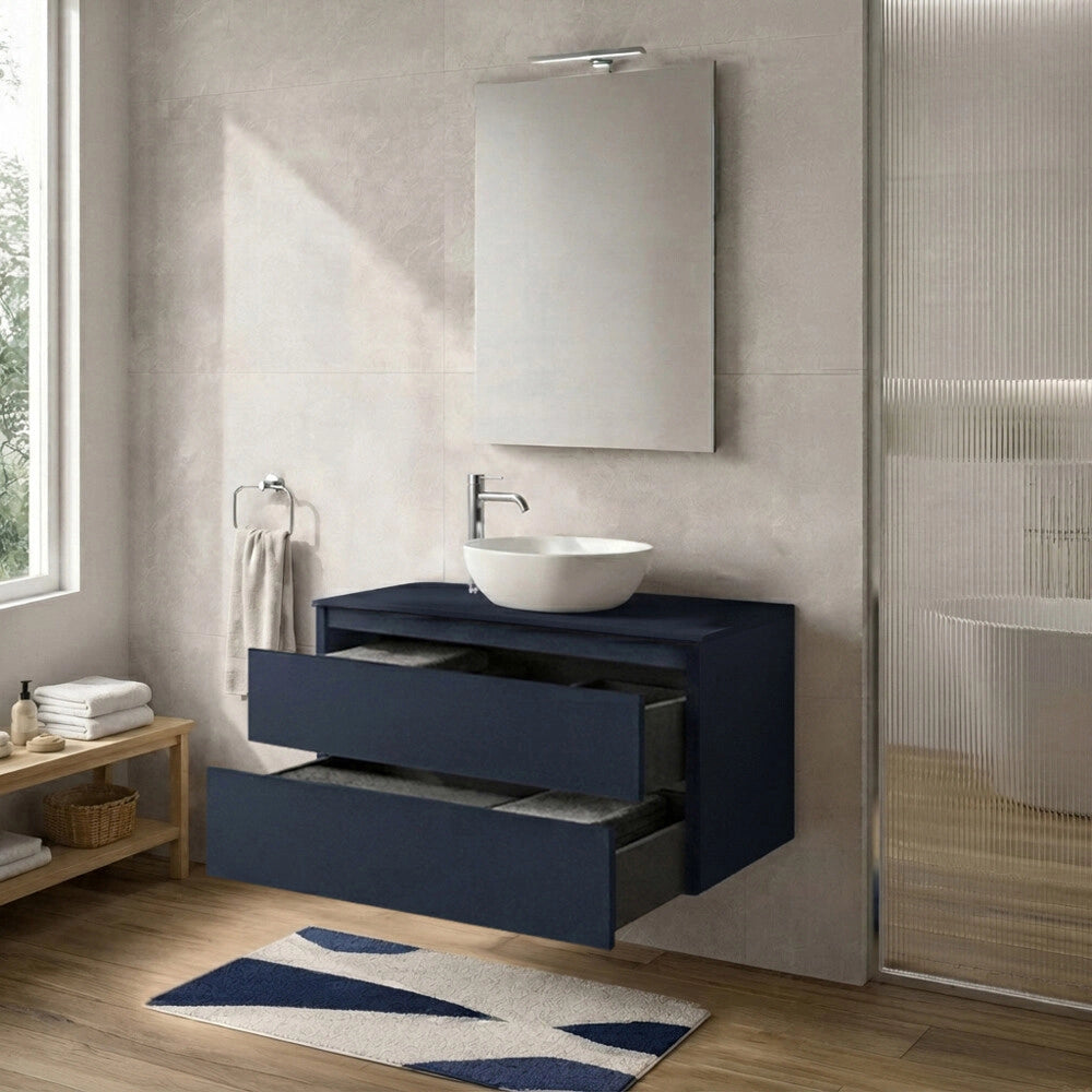 Mobile bagno sospeso 100 cm blu portalavabo due cassetti Tierra