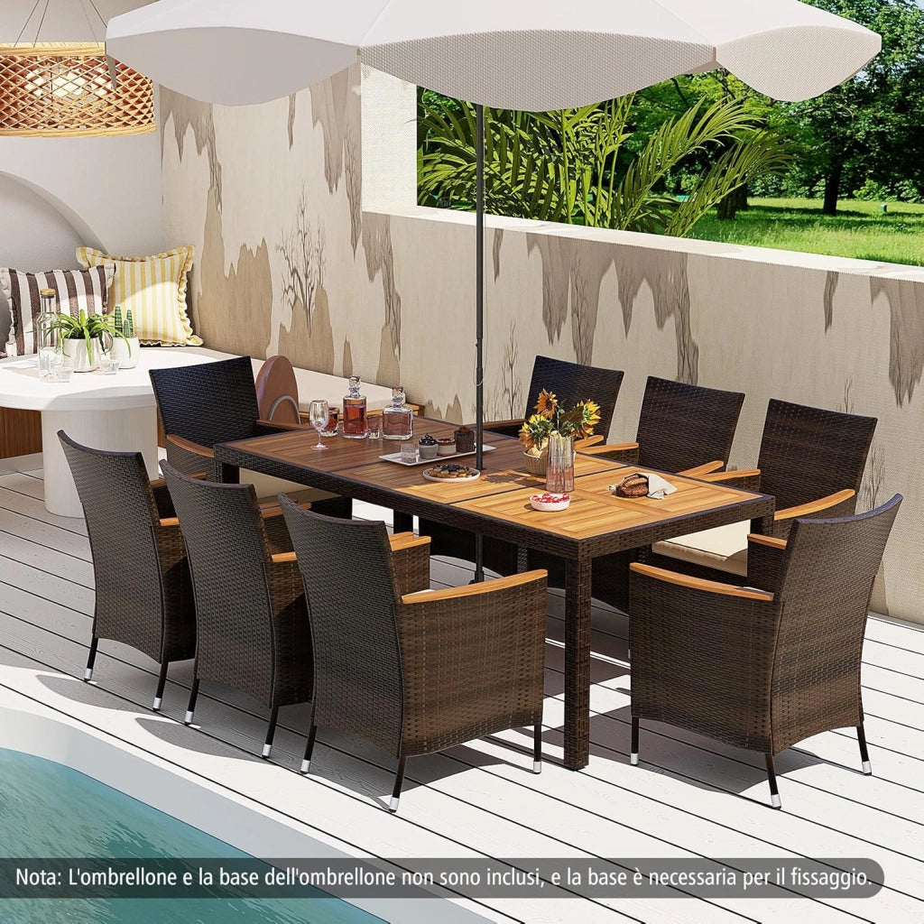 9 Pezzi Set di Mobili da Giardino, Set di Mobili in Rattan PE con Cuscini Rimovibili, 8 Sedie Impilabile e 1 Tavolo, per Giardino Piscina e Cortile