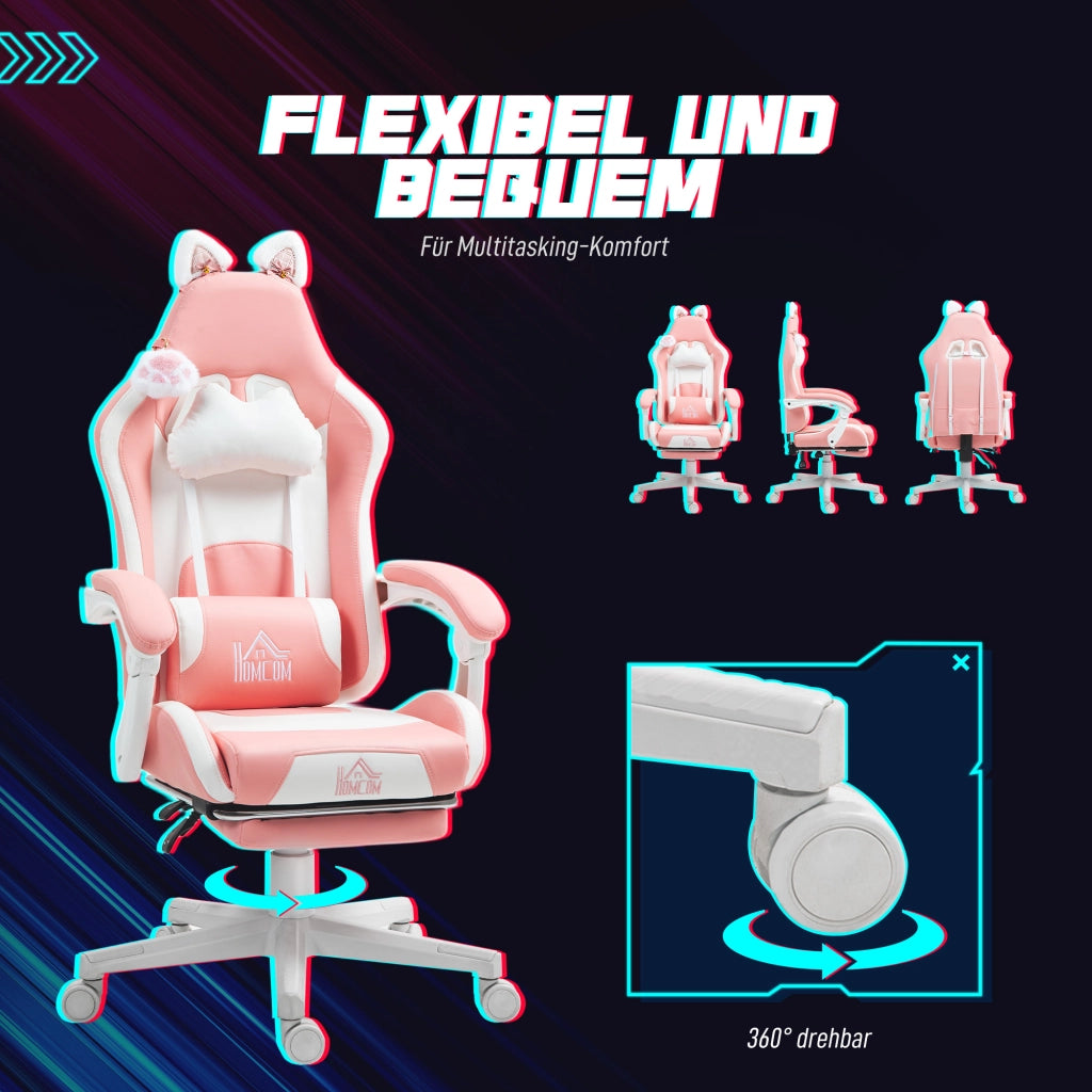 Poltrona Gaming con Orecchie da Gatto ¨C Zephmum ¨C Rosa e Bianco, Poggiapiedi Estraibile, Reclinabile