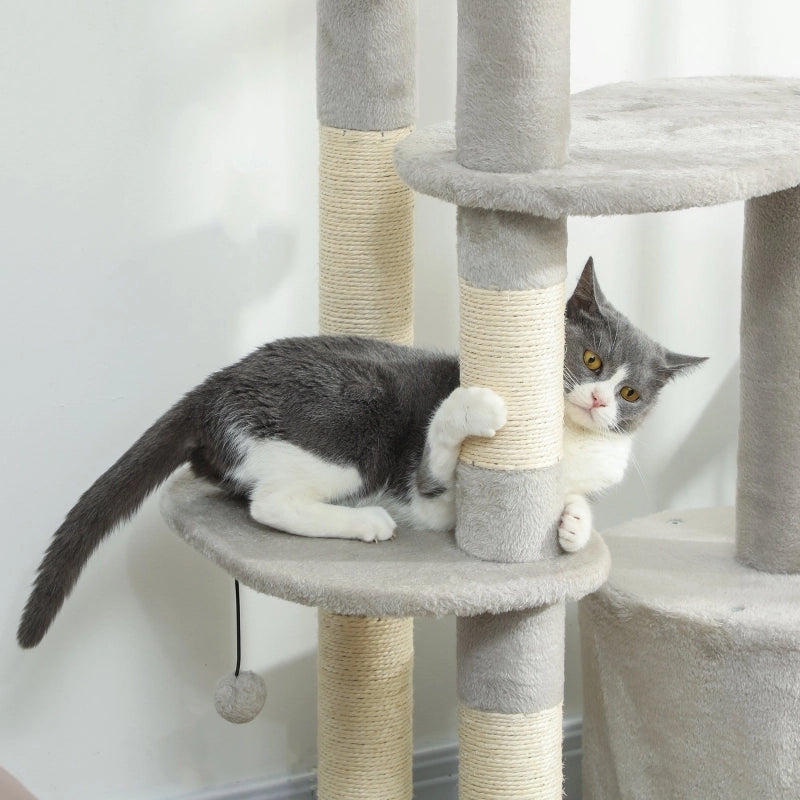 Albero per gatti multifunzione 114 cm con piattaforme, tiragraffi in sisal e casetta, grigio chiaro