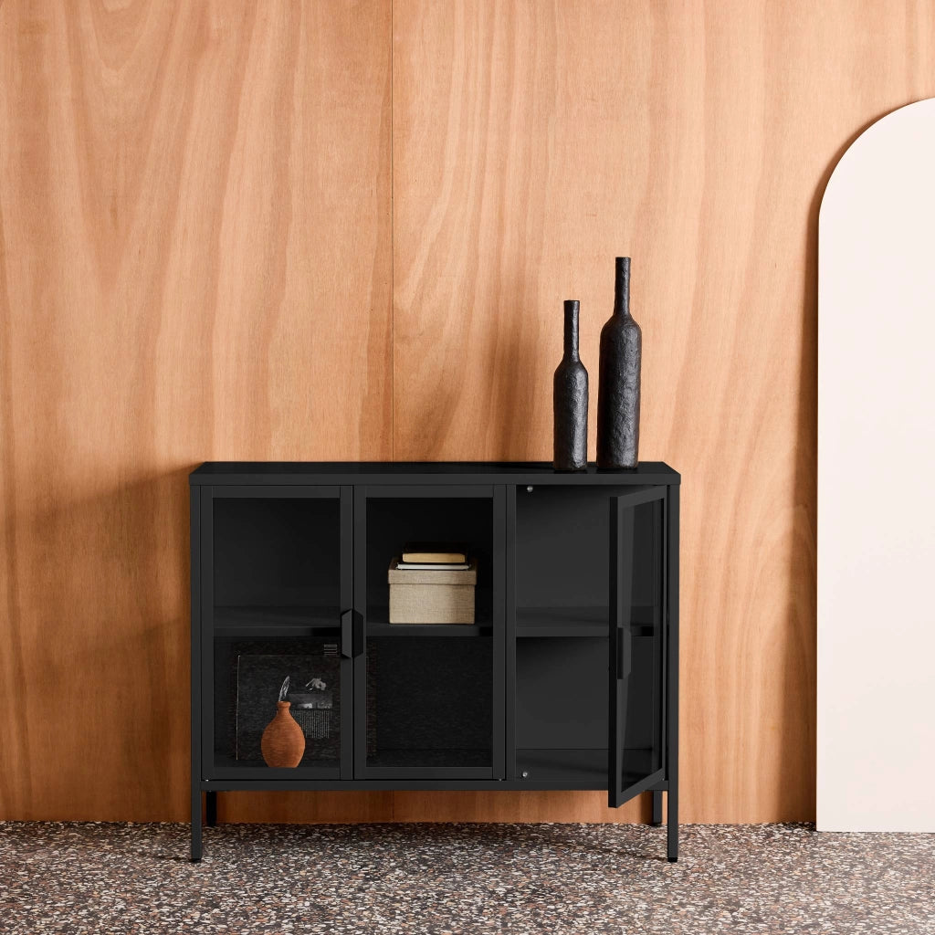 Credenza industriale in metallo e vetro temperato 3 ante, 100cm