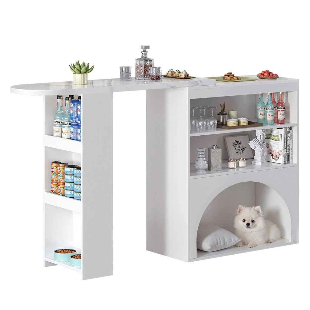 Tavolo allungabile per 2-4 persone con 2 vani aperti e spazio per animali design moderno effetto marmo in MDF bianco
