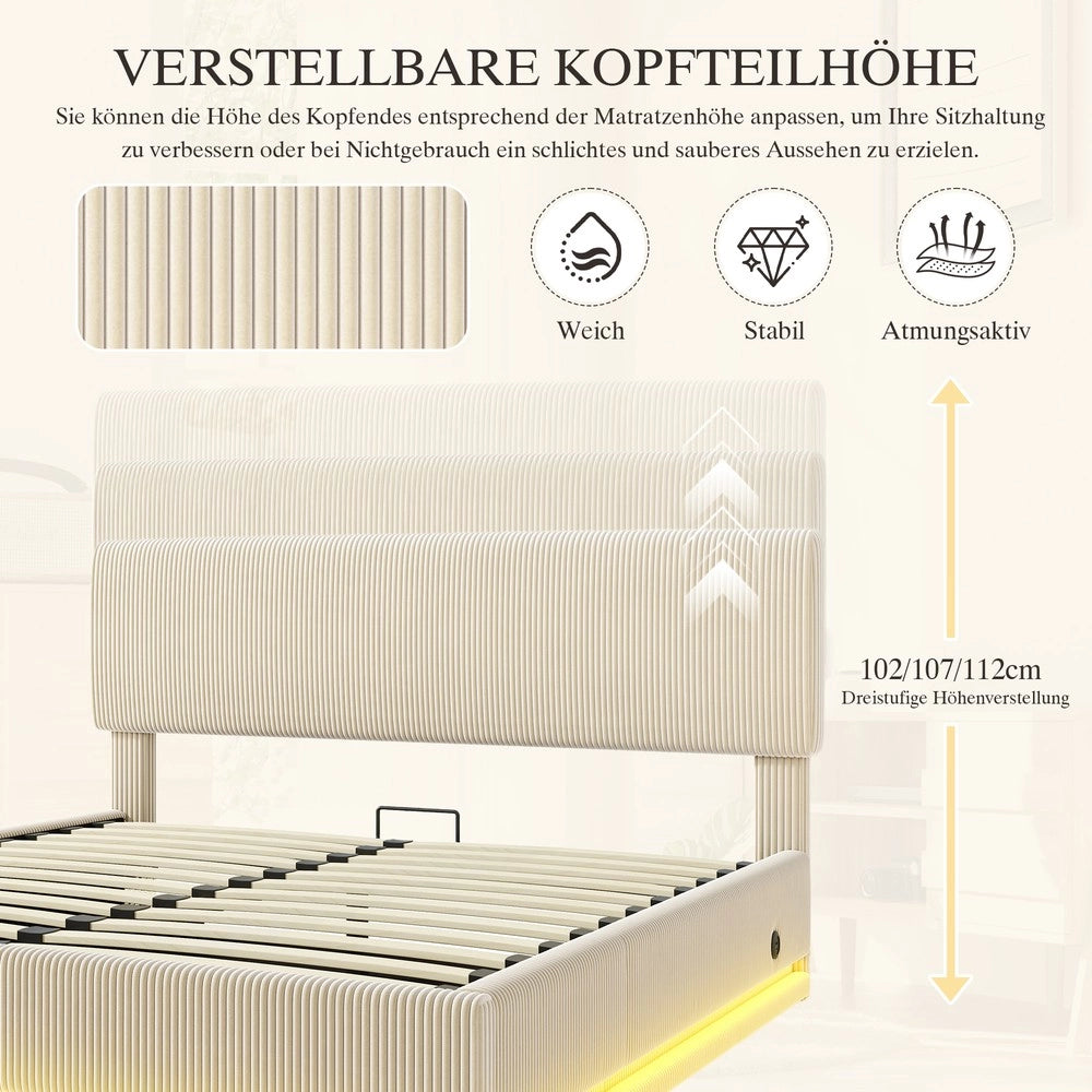 Letto Imbottito Contenitore con LED e Testiera Regolabile ¨C MINIMAL ¨C Velluto a Coste, 160x200, Beige