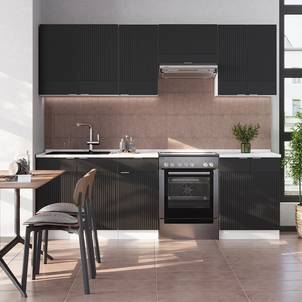 Cucina componibile Fame-Line Nero rigato/Bianco 240 cm senza piano di lavoro Vicco