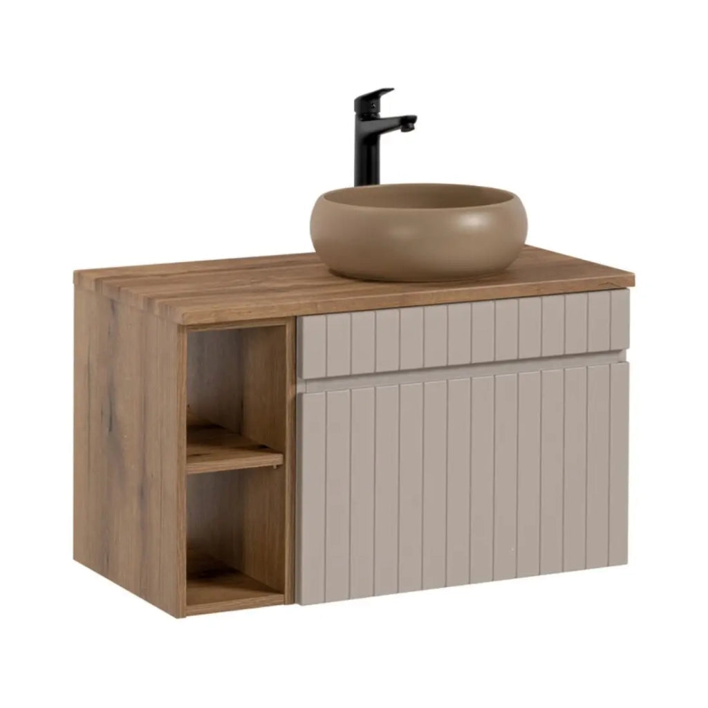 Insieme ICON: mobile sotto lavabo 60cm cachemire con nicchie visibili + piano per lavabo effetto legno + lavabo da appoggio rotondo