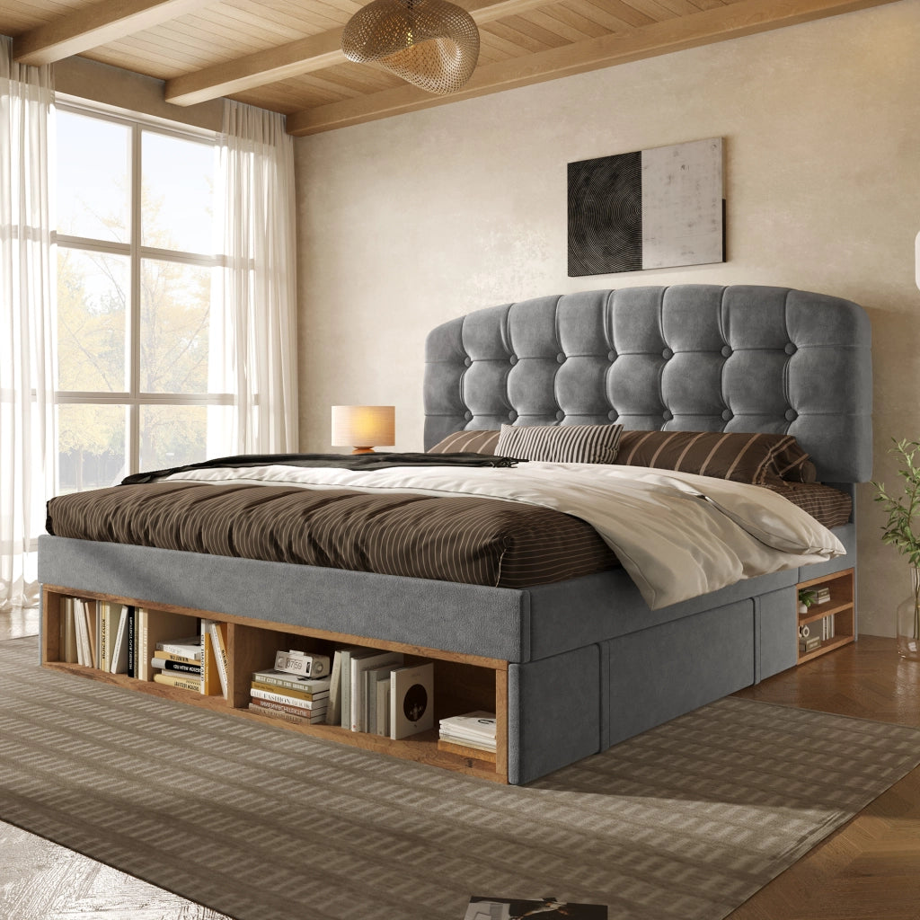 Letto singolo 90x200 in velluto grigio con testiera regolabile, cassetti e rete a doghe