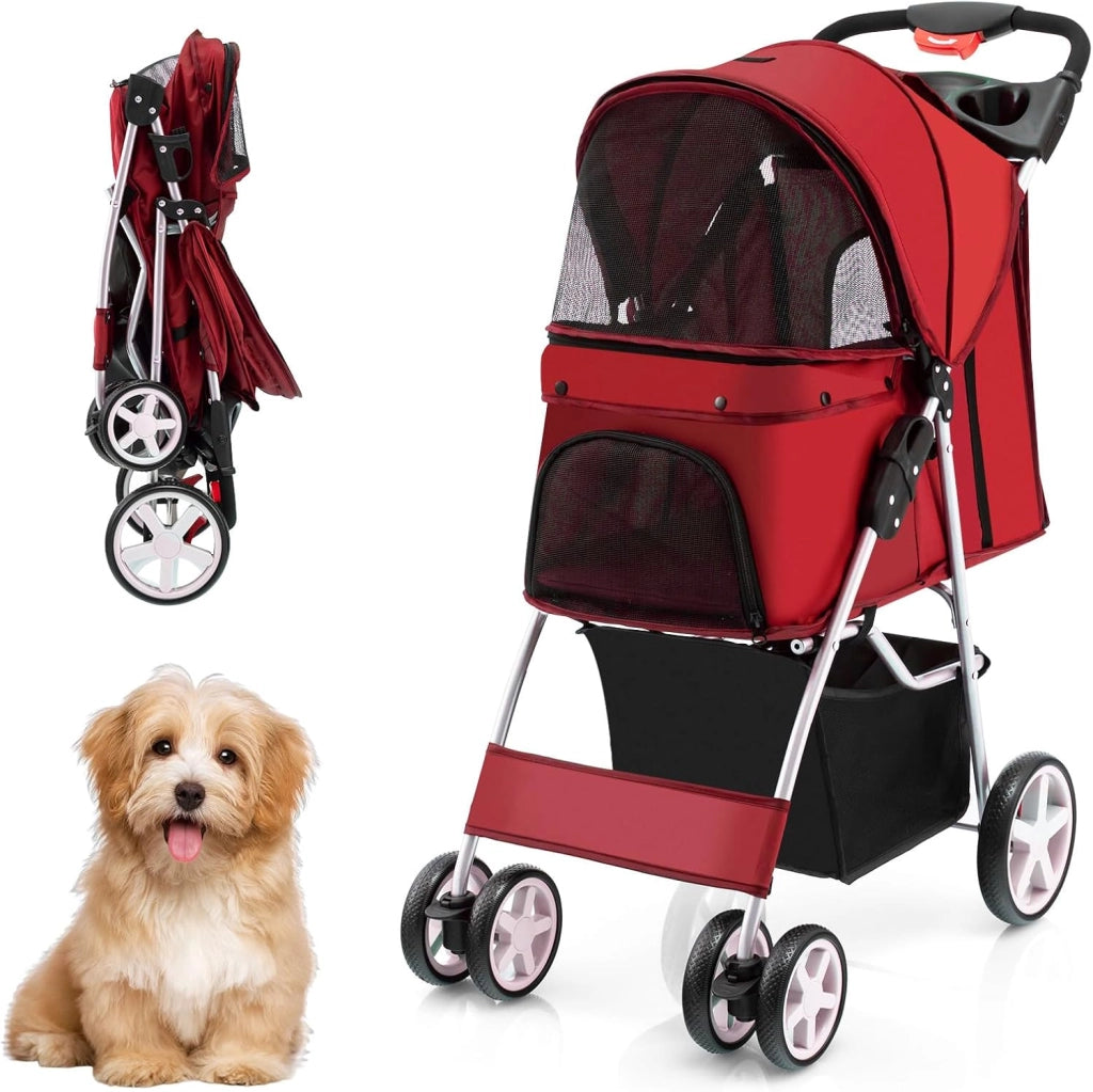 Passeggino per Cani, Carrozzina per Cani Pieghevole Fino a 15 kg, 4 Ruote con Finestra a Rete Porta Bicchiere e Cesto, Passeggino Portatile per Animali Piccola e Media (Rosso)