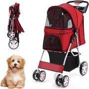 Passeggino per Cani, Carrozzina per Cani Pieghevole Fino a 15 kg, 4 Ruote con Finestra a Rete Porta Bicchiere e Cesto, Passeggino Portatile per Animali Piccola e Media (Rosso)