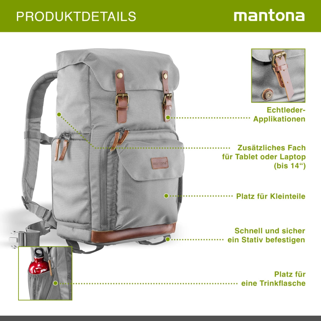 Mantona Luis Retro Zaino fotografico grigio, per fotocamera con copertura antipioggia, borsa fotografica con scomparto per laptop, DSLR, 3 obiettivi e accessori fotografici