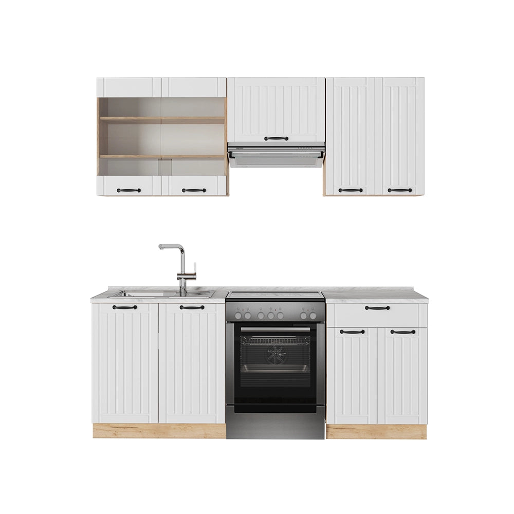 Cucina componibile Fame-Line Bianco rustico/Rovere dorato 200 cm, PL Marmo Vicco