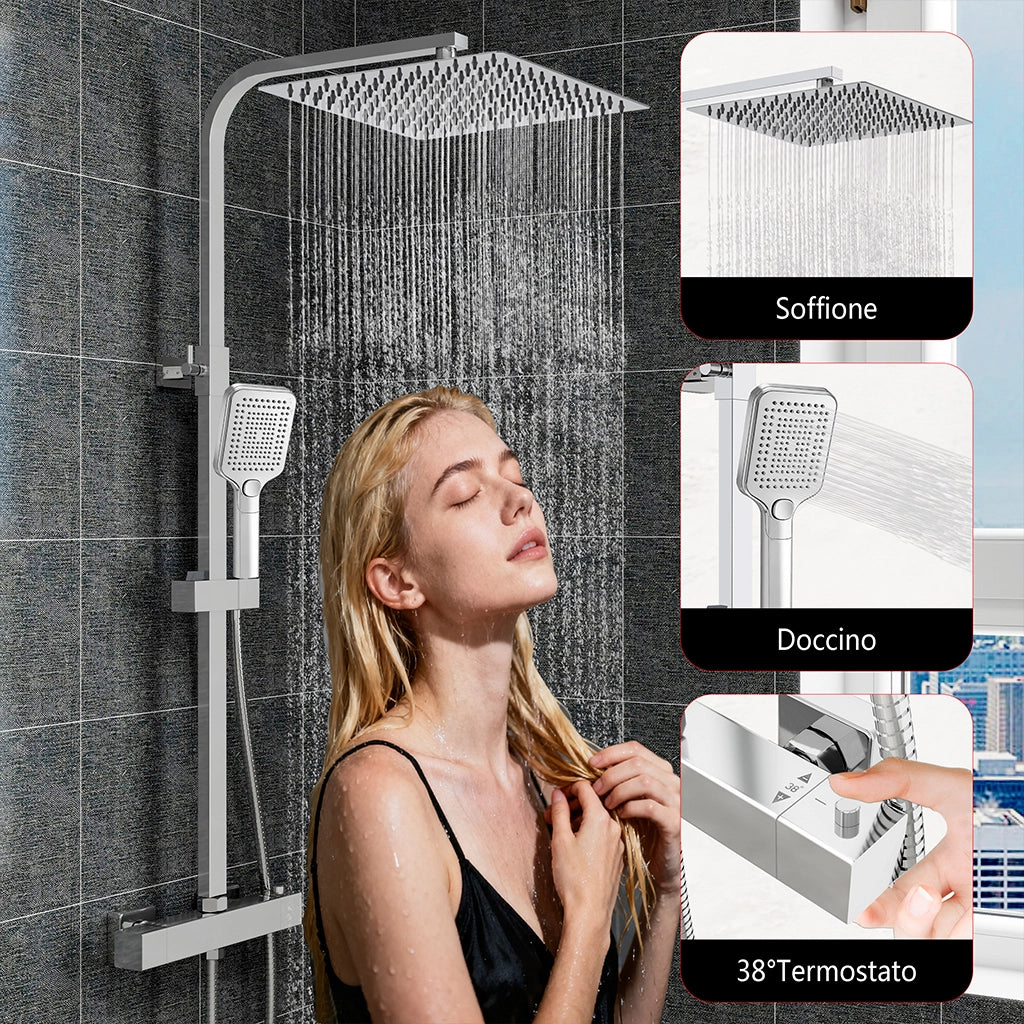 Grande soffione doccia 30x30cm con miscelatore termostatico e doccetta a 3 modi di getti, cromo