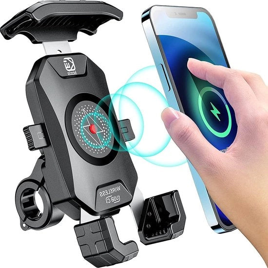 Supporto per smartphone per motocicletta con ricarica wireless - caricatore USB C - impermeabile - lega di alluminio - base adattabile per schermi da 4" a 7