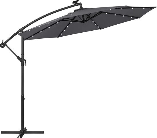 Parasole con Illuminazione a Led a Energia Solare, Parasole con Segnalazione Traffico, Parasole da Giardino, 32 Lampade Led, Ø 3 m, Con Stabilizzatore, Protezione UV fino a UPF 50+, Con Maniglione, Ideale per Giardino, Terrazza, Grigio
