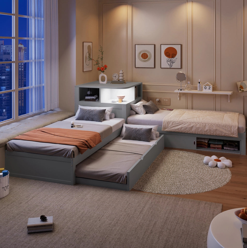 Letto singolo 90x200 con letto estraibile, ante scorrevoli e luce LED grigio