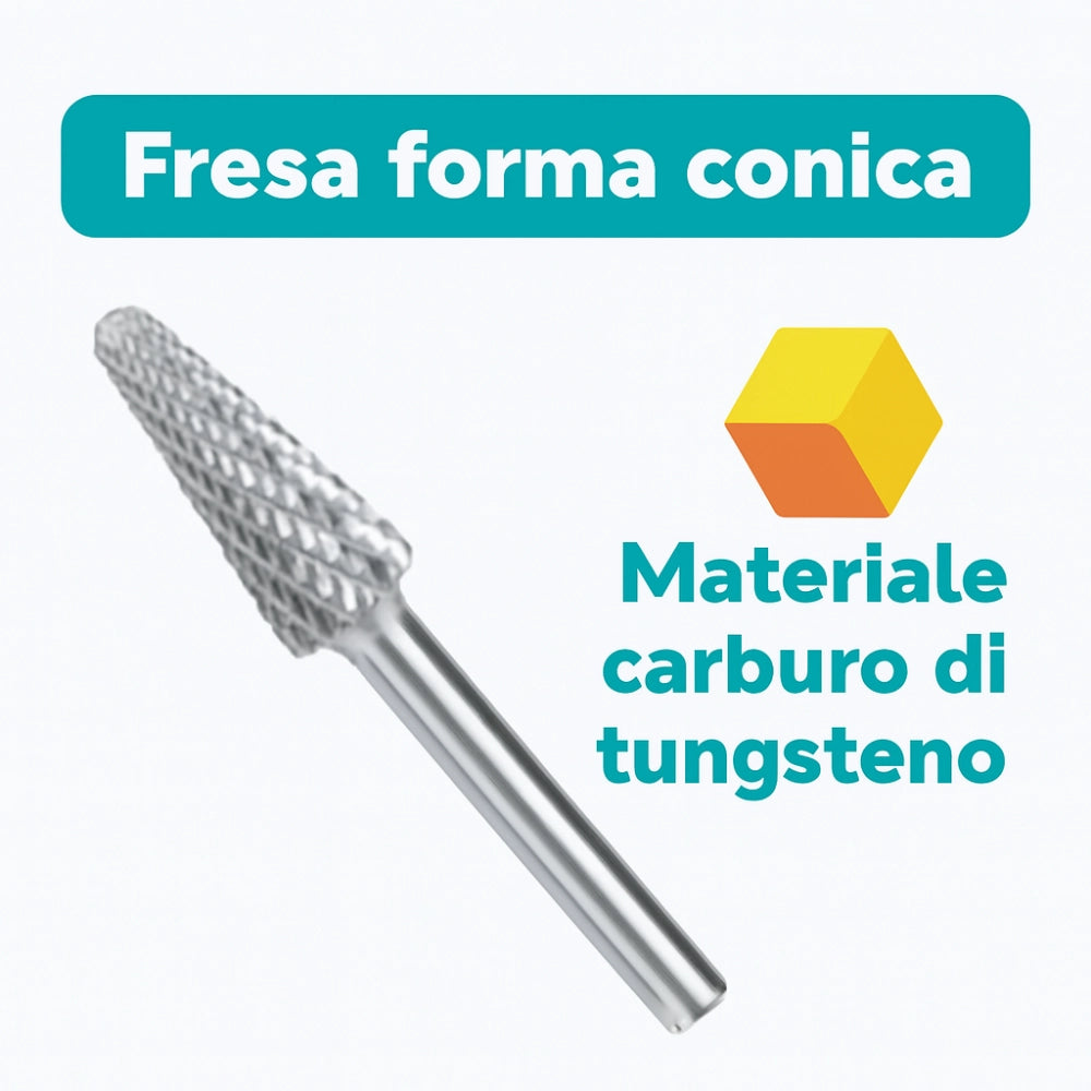 Fresa conica carburo tungsteno testa raggiata fori smussature