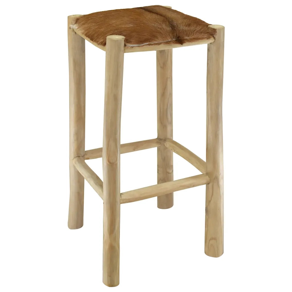 Sgabello da Bar in Pelle di Capra e Legno Massello di Teak 244544