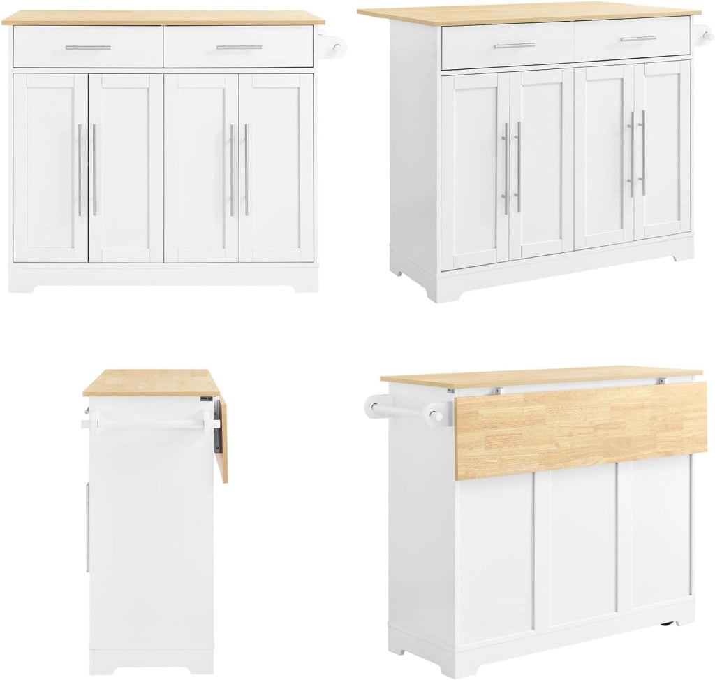 Carrello Cucina con Ruote, Isola Cucina con Piano di Lavoro Estensibile in Legno, 2 Cassetti e Ripiani Regolabili Credenza Cucina Salvaspazio Penisola Cucina Bianco 113x(44-69) x91 FKW129-WN