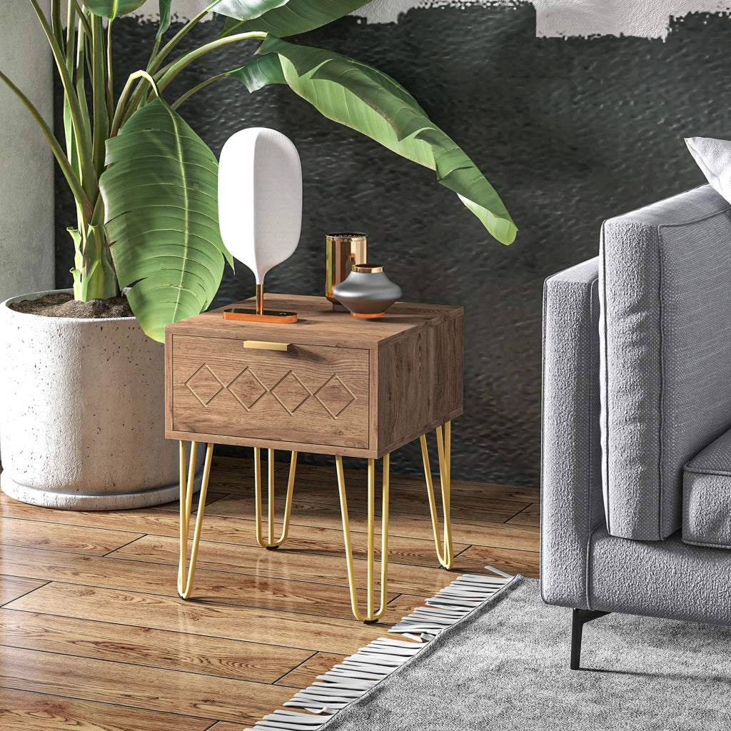 Comodini Set 2 Pezzi con Cassetto ¨C Zephmum ¨C Truciolato e Acciaio, Marrone e Oro, 39.5x41x49 cm