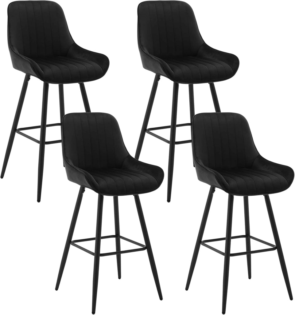 4 Sgabelli Alti da Bar con Schienale, Sedie Moderne con Poggiapiedi Quadrato, Sedie in Velluto Ergonomiche per Bistrot, Altezza Sedile 71cm, Gmabe in Metallo, Nero, BH394sz-4